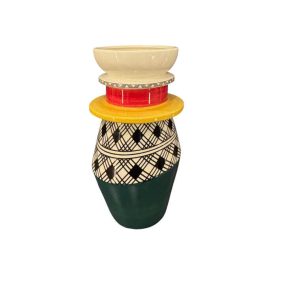 Vase en ceramique-16x30cm-motif anneau ethnique-vert-jaune-multi