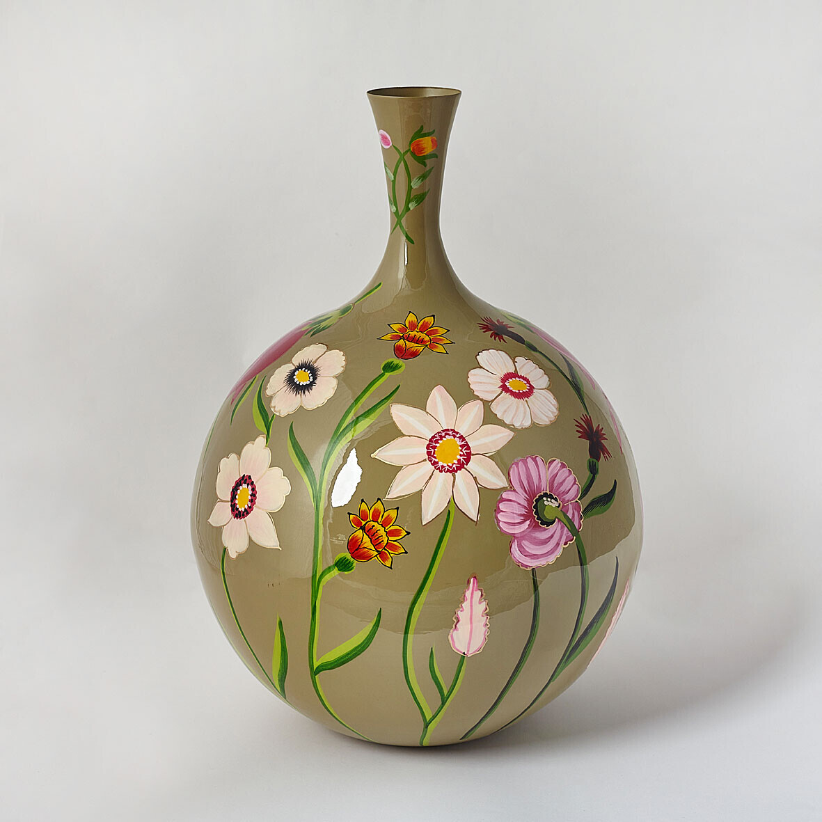 Vase en metal-35x35x52cm-forme bombée fleuri-vert-multi