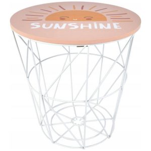 Tabouret rond en fil de metal-blanc-30x30cm-assise bois motif enfant ASST