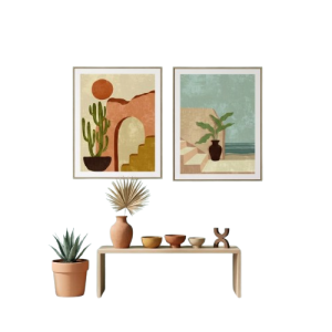 TABLEAU DECORATIF-40X50X2CM-TOILE MOTIF VASE+CACTUS+FEUILLES-ASST