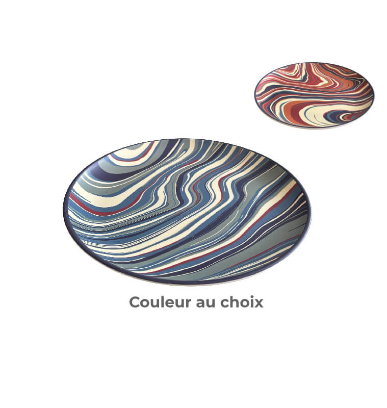 Assiette plate ronde en mélamine-27cm-effet marbre-bleu-beige-multi