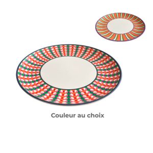 Assiette plate ronde en melamine-27cm-fond-blanc motif vert-orange-multi