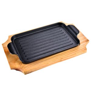 PLAQUE DE CUISSON EN FONTE RECT-26X17CM-MANCHES+SOCLE EN BOIS