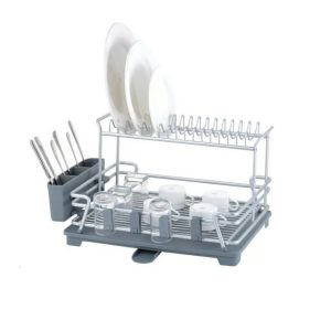Egouttoir a vaisselle en plastique/alu 2 niveaux-54,6x37,5x29,3cm-gris