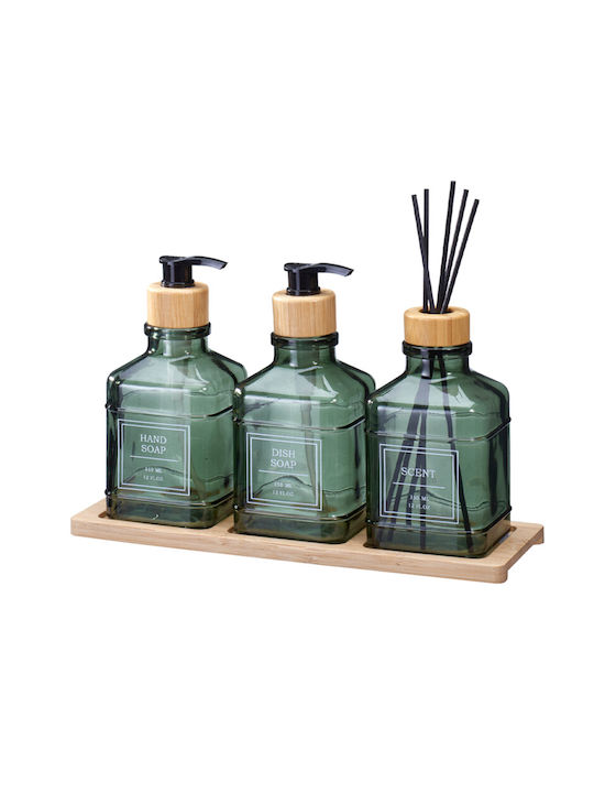 ACCESSOIRES DE SDB EN VERRE-4PCS-350ML-3 FLACONS-PLATEAU EN BOIS – Image 2