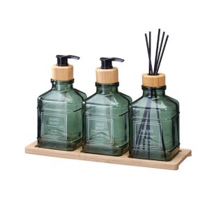 ACCESSOIRES DE SDB EN VERRE-4PCS-350ML-3 FLACONS-PLATEAU EN BOIS