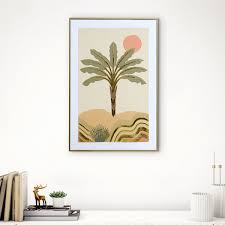 TABLEAU DECORATIF-50X70X3CM-TOILE MOTIF  ARBRES-DUNES-DORE BEIGE-ASST