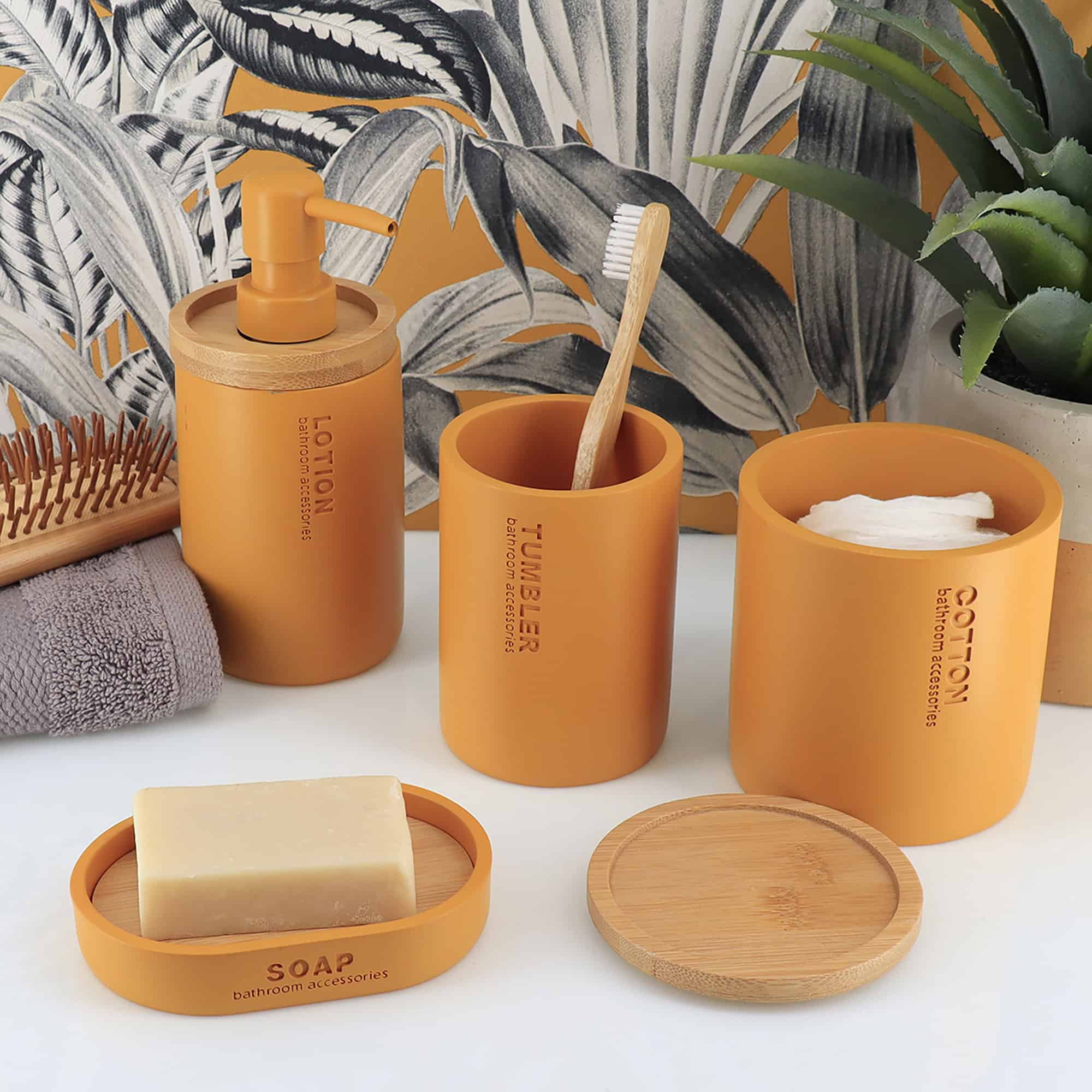 4-67101199-Mustard-Yellow-Cotton-Box-With-Coordinated-Bathroom-Accessories-Set
